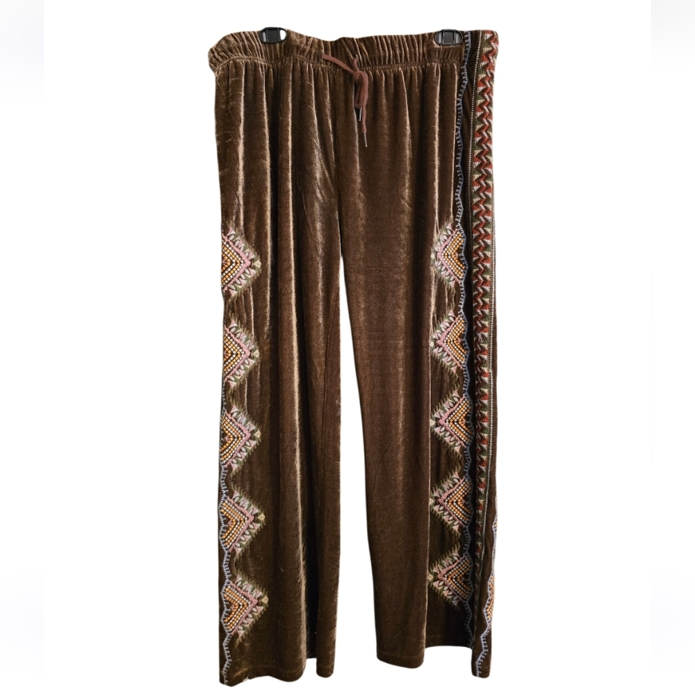 Time For Me Embroidered Brown Velvet Boho Pants Size 0X In EUC